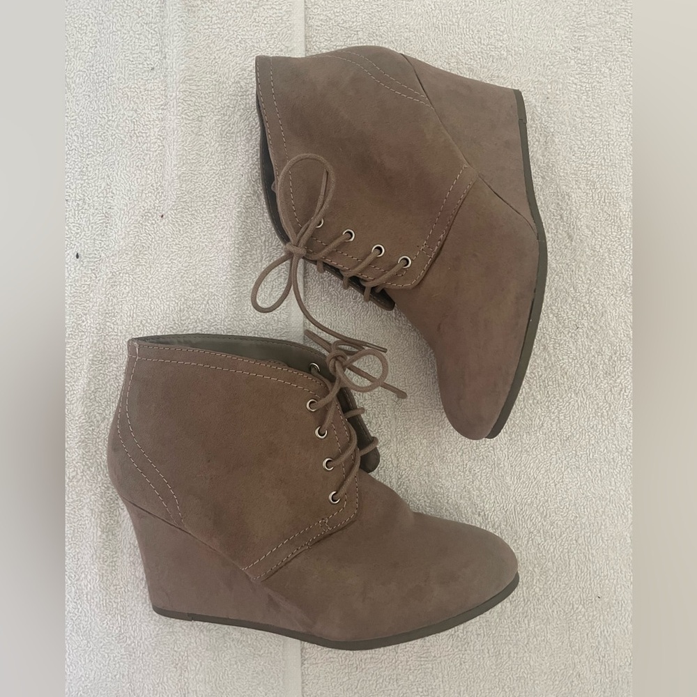 Faux Suede Closed Toe, Wedged Heel, Ankle Booties
